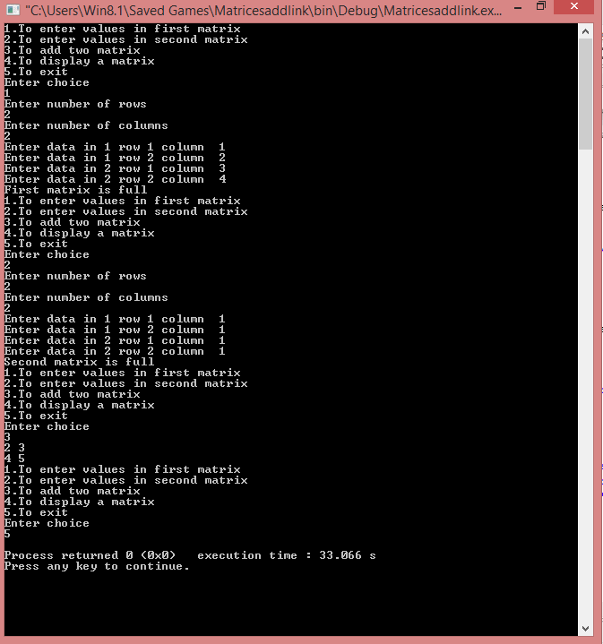 matrix addition in x using linked list
