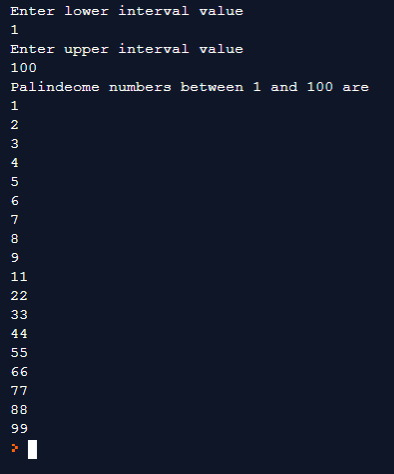 Palindrome numbers between 1 to 100
