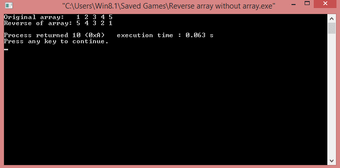 C Program to reverse array without using another array