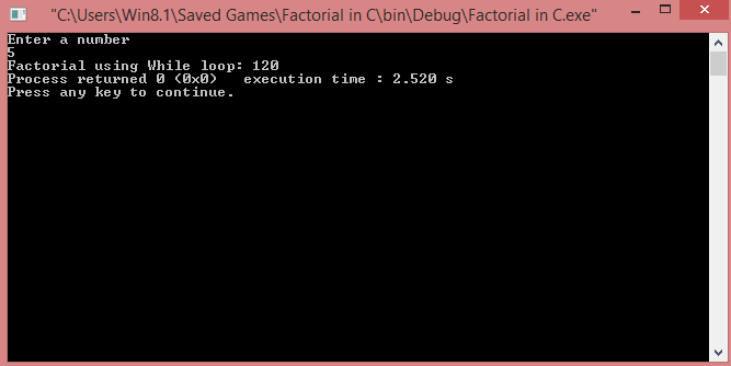 C Program for Factorial using While Loop