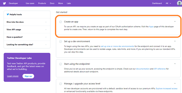 Twitter developer create app