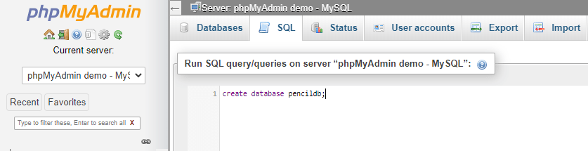 create MySQL database using SQL command in phpMyAdmin