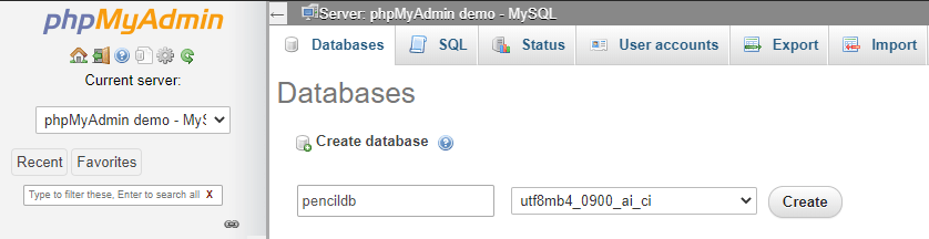 create MySQL database without SQL command in phpMyAdmin