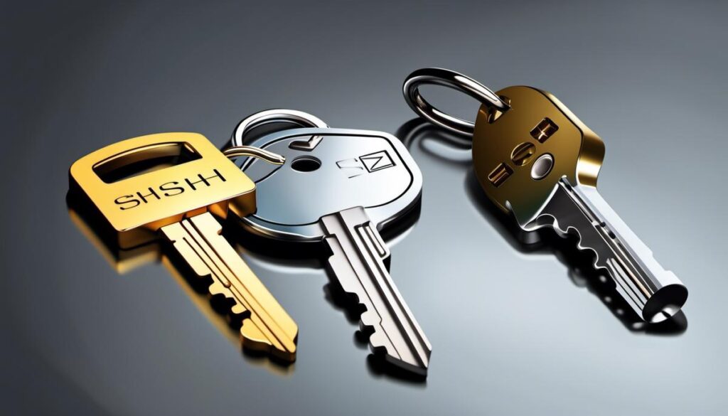 Illustration of SSH keys showing a lock symbol representing the public key and a key representing the private key.